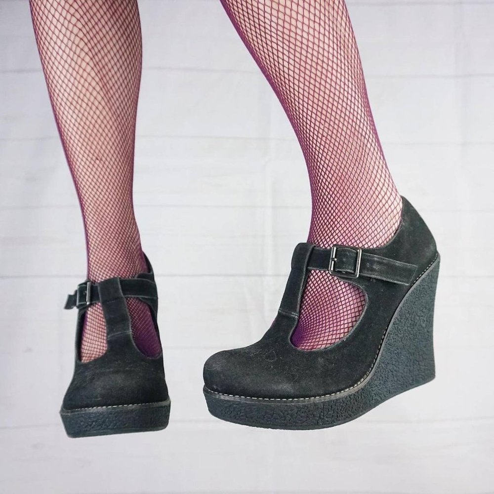 🍓VINTAGE Y2K BLACK SUEDE PLATFORM CHUNKY HEELS WITH BUCKLE🍓